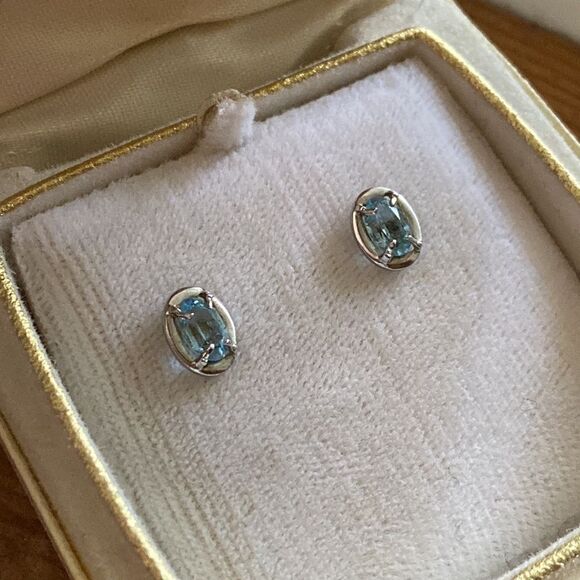 💛 14k White Gold Oval Aquamarine Earrings - Picture 4 of 10